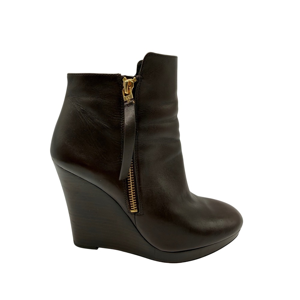 Michael Kors Wedge Boots Women 8M Brown Excellent Leather Gold Zip Platform